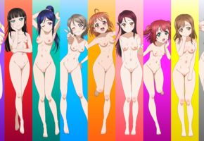 hentai, nude, nude filter, tits, nipples, pussy, standing, multiple girls, love live, anime