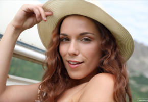 elena generi, brunette, field, outdoors, hat