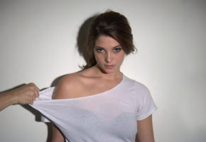 ashley greene, actress, eye contact, looking at viewer, brunette, eyes, pretty, sensual, sexy, hot, young, pulling on shirt, bare shoulders, visible bra