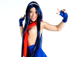 blue hair, long hair, smile, tits, nipples, skirt, halloween costume