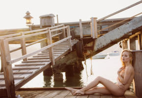 blonde, nude, outdoor, dock, sitting, legs