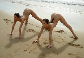 nude, ass, beach, julietta and magdalena, julietta, magdalena, flexible, gymnast, sea, tanned, skinny