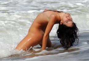 waves, black hair, naked, nude, tanned, sea, beach, wet, brunette, small tits, nipples, ass