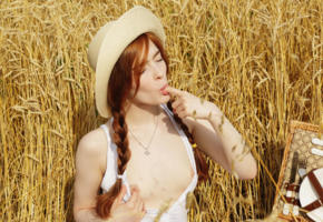 jia lissa, redhead, cornfield, outdoor, breads, tiny tits, hat, summer dress