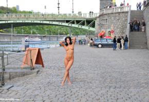 angelica, nude, girl, public, boobs, tits, brunette, sexy, trimmed pussy, tanned, nipples, prague, armpits, pierced navel, bridge