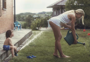 funny, hose, spray, lawn, watering can, flowers, blonde, ass, sexy, legs, boy