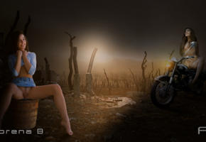 lorena b, fantasy, wallpaper, girl, young, lovely, natural, pussy, trimmed, legs, feet, outdoor, smile, motor bike, bike, tree, double roll, lorena garcia