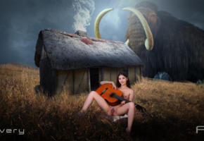 avery, fantasy, girl, teen, young, cute, lovely, brunette, nude, sexy, tits, vagina, pussy, labia, trimmed, legs, grass land, smile, outdoor, hut, guiter, pillow, mammoth, smoke