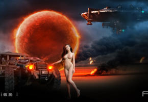 alisa i, fantasy, wallpaper, girl, young, babe, lovely, beauty, hot, brunette, model, nude, sexy, boobs, tits, nipples, shaved, legs, perfect, outdoor, truck, planet, smoke, spaceship
