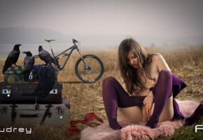 audrey, fantasy, xxx walls, girl, brunette, sexy, tits, vagina, pussy, shaved, outdoor, suitcase, craw, bicycle