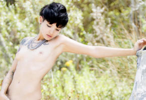 black hair, short hair, outdoor, pierced nipples, nipples, small tits, tattoo, nude, devilins