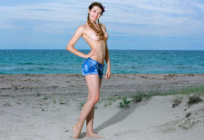 polina kadynskaya, brunette, braids, topless, denim shorts, sand, smile, boobs, tits, nipples, jeans shorts, sea, beach