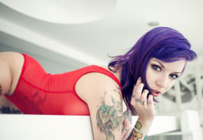 rebecca crow, katherine, suicide girls, tattoo, big  tits, purple hair, red lingerie