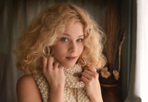 helena, blonde, blue eyes, cute, close up, face, freckles, scarf, emma o, curly