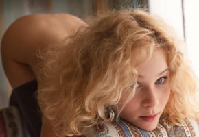 helena, blonde, blue eyes, cute, bent over, pillow, face, close up, freckles, emma o