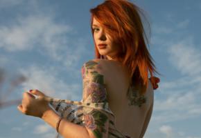 lass, outside, sunset, undressing, tattoos, redhead, tattoo, back