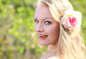 alessandra a, blonde, flower, eye contact, smile