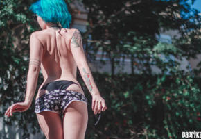 ana vohs, blue hair, undressing, tattoo, ass, topless