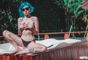ana vohs, blue hair, strategic covering, tattoo, legs, sunglasses, panties, topless