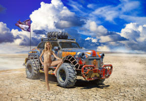 model, blonde, naked, tanlines, boobs, small tits, nipples, shaved pussy, labia, spread legs, car, off road, desert, clouds, smile, hi-q