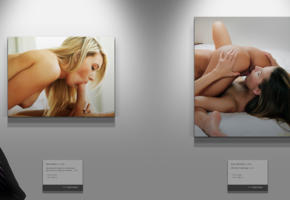 art gallery, picture frame, lesbian, blowjob