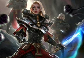 sisters of battle, blue eyes, blonde, fantasy, warrior teen, sword