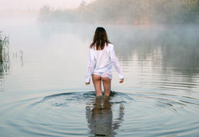 lake, beautiful model, lovely view, ass, blouse, wet, fog, pond, river