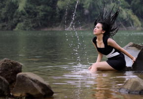 water fun, asian, beautiful, dress, black dress