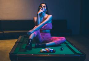 sexy, hot, dark, non nude, sunglasses, billiards, pool table, brunette, model, sexy dressed, ankle boots, hi-q, erotic, teasing