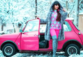 brunette, russian, model, outdoor, mini cooper, pink, sexy dressed, thight clothes, overknee boots, hi-q, erotic, presented, in pink