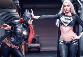 2 babes, cosplay, batwoman, dark supergirl, fetish babe, shiny, lycra, red lips, curvy body