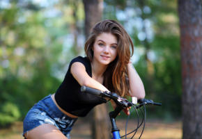 girl, cutie, smile, bicycle, brunette, denim shorts, tattoo, non nude