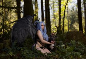 mia malkova, dog, horns, wings, cosplay, boobs, forest