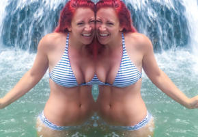 red hair, big tits, cleavage, babe, sexy, girl, bikini, waterfall, lagoon, smile, beach