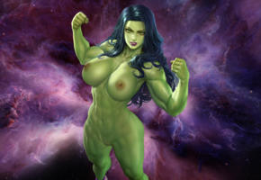 she hulk, anime, space, naked, green, boobs, big tits, nipples, shaved pussy, brunette, muscles, hi-q, green tits
