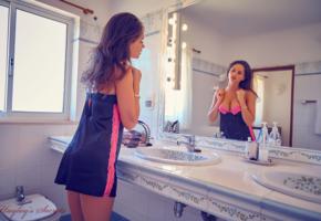 adele taylor, brunette, non nude, bathroom, mirror, reflection