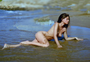 beach, sand, water, brunette, nude, little caprice, tits, sea