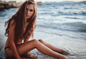 topless, sand, water, long hair, beach, sea, legs, lisa