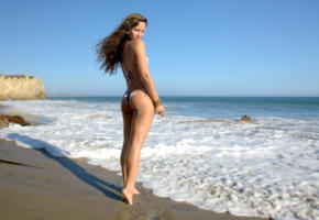 brunette, bikini, sand, sea, beach, ass