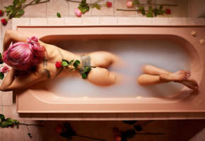 bathtub, tattoo, ass, wet, bathroom, rose, flowers, milk, pink hair