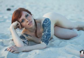 annalee, redhead, posing, freckles, tattoo, beach