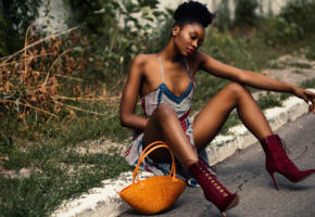 ana, black hair, outdoor, shoes, ebony, boots, legs, summer dress