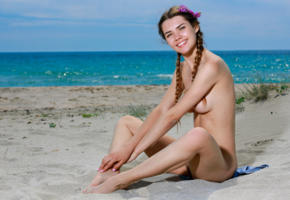 brunette, pigtails, outdoor, nude, georgia, smile, tits, sea, beach