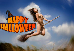 halloween, witch, broom, naked, boobs, tits, nipples, smile, hi-q