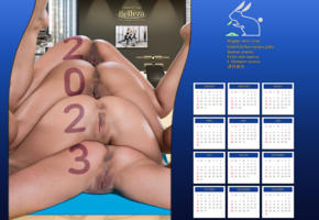 2023 year, calendar, new year, happy new year, 4 girls, ass, pussy, anus, labia, shaved pussy
