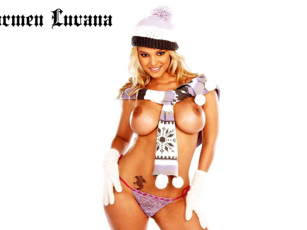 carmen luvana, actress, big tits, tits, panties, scarf, hat, christmas, new year, smile