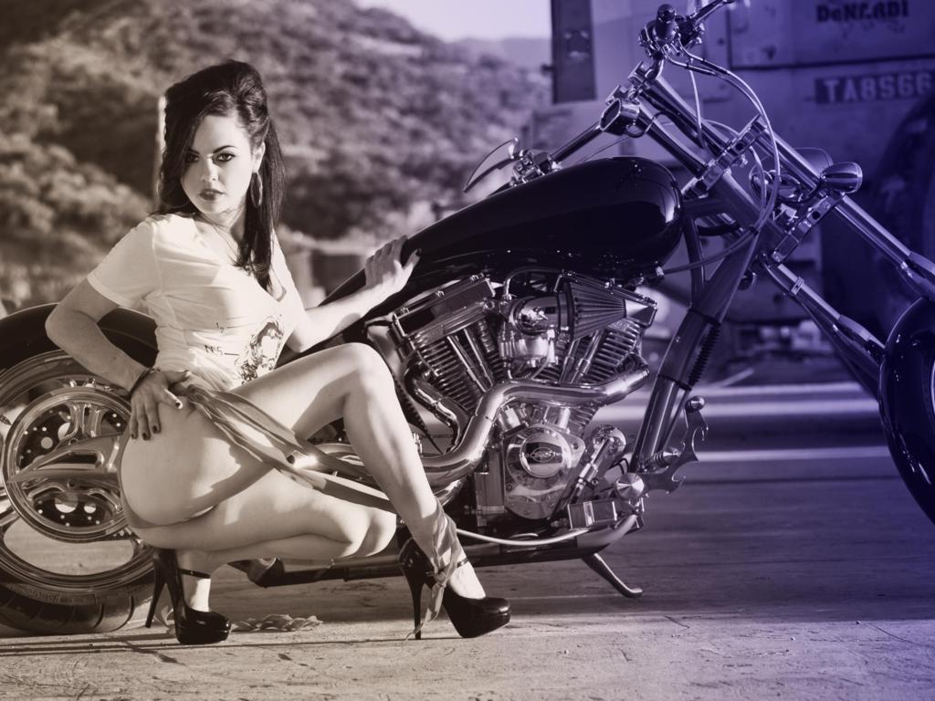 babydoll, sexy babe, costum bike, high heels, bike, brunette, long hair, posing, kneeling, sexy, dressed, flashing, cameltoe, photoshopped, pin up style, erotic, black and white, b&w