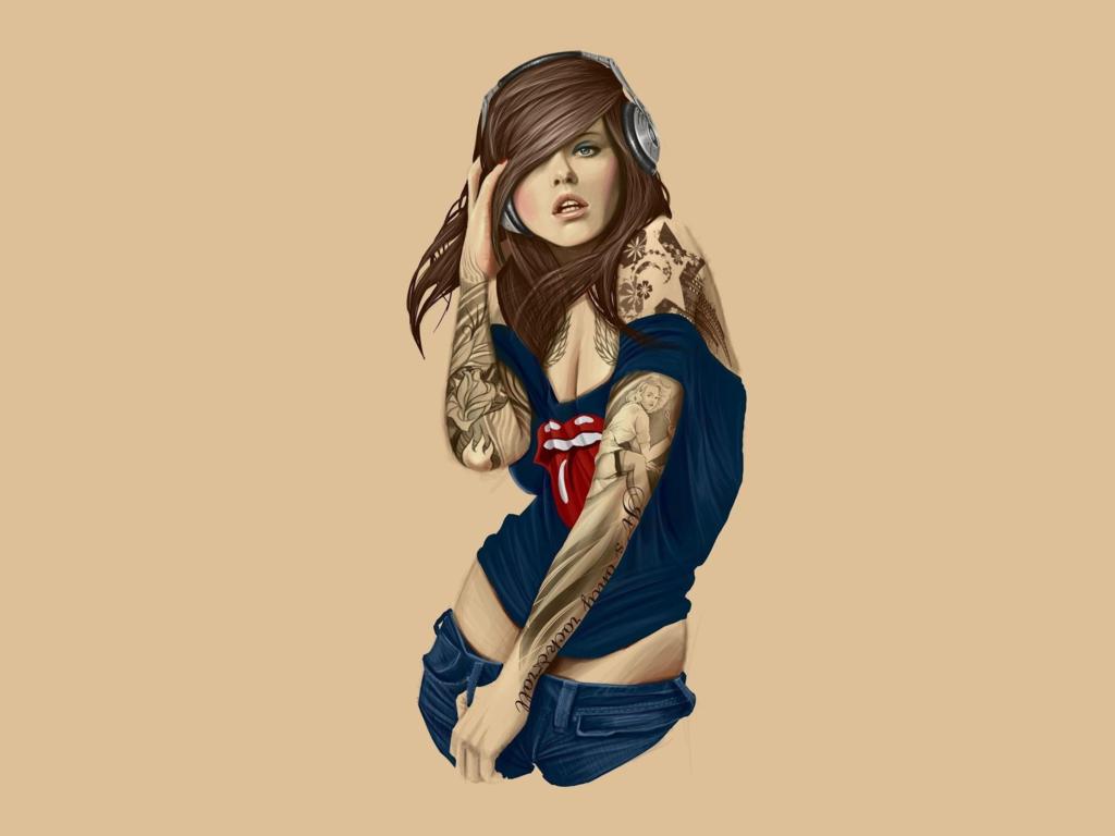 brunette, model, sexy babe, blue, top, panty, jeans, tattoo, artwork, speakers, tattoos, body art, fantasy