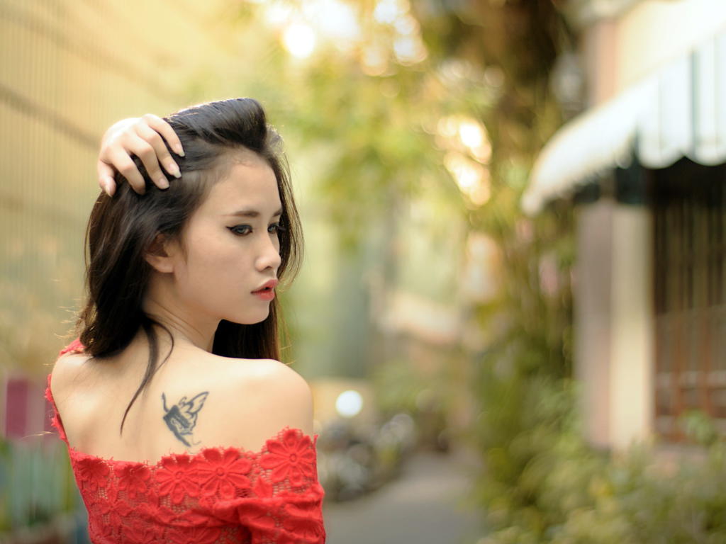 asian, girl, outdoors, dress, beauty, smile, tattoo