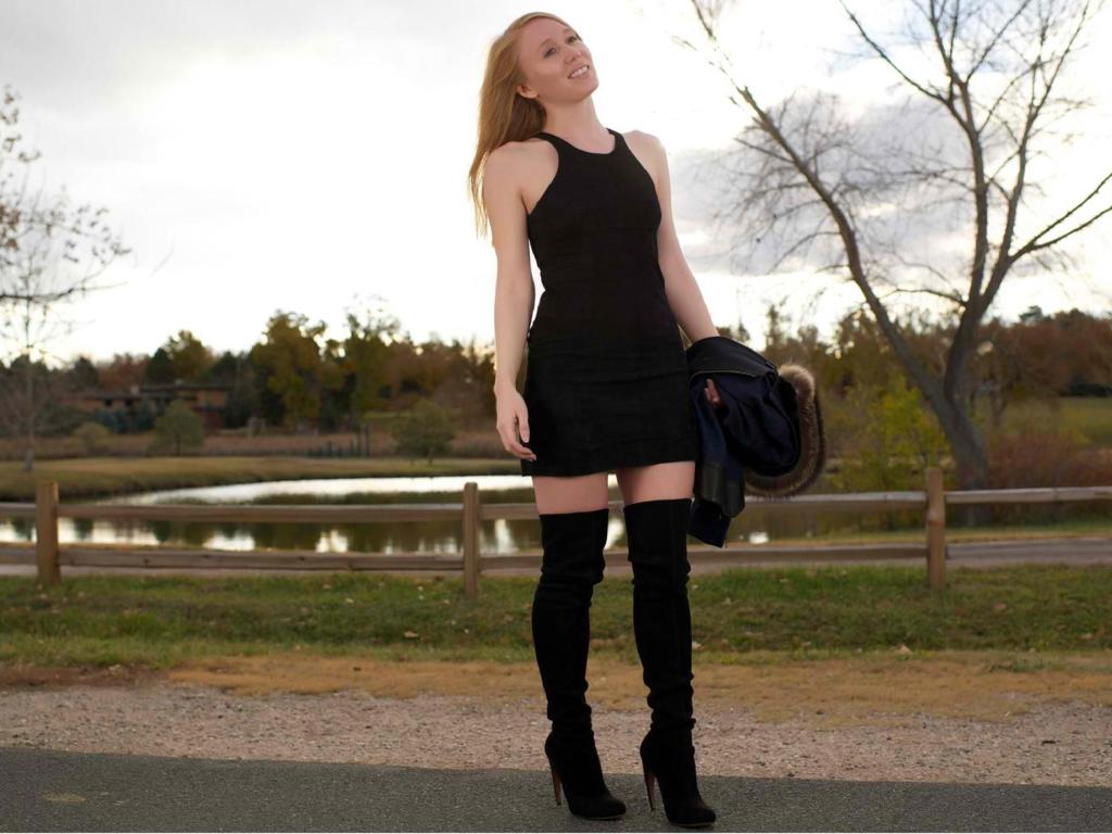 sexy babe, redhead, amateur, posing, outdoor, sexy dressed, leather, high boots, black, minidress, lake, water, landscape, heaven, clouds